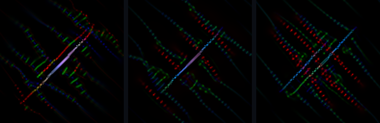 Target multichannel field, the target reseeded under the fitted rule, and a coherent body grown from noise under the same rule.